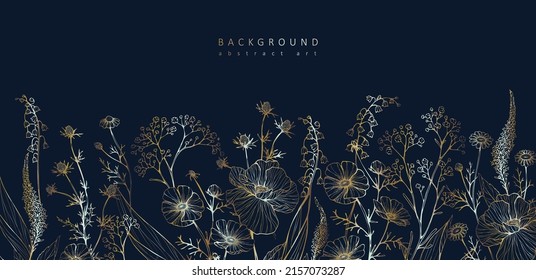 Luxury botanical background with trendy wildflowers and minimalist flowers for wall decoration or wedding. Hand drawn line herb, elegant leaves for invitation save the date card. Botanical rustic tren