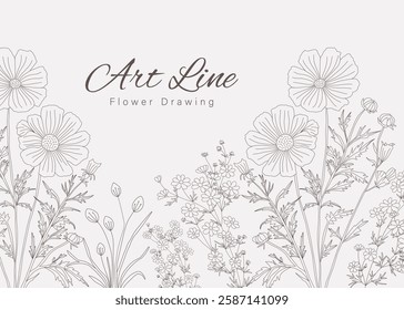 Luxury botanical background with trendy wildflowers and minimalist flowers for wall decoration or wedding. Hand drawn line herb, elegant leaves for invitation save the date card. Botanical rustic