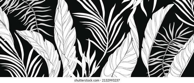 Luxuriöser botanischer Hintergrund mit tropischen Blättern und minimalistischen Palmen für Wanddekoration oder Hochzeit. Handgezeichnete Linie Stil, elegante Blätter für Einladung speichern Sie die Dattelkarte. Botanischer rustikaler Trend