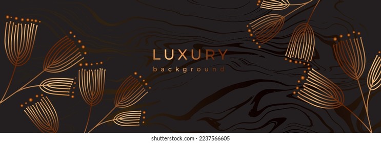 Luxury botanical banner with golden line flowers. Linear branches on marble black background. Bronze color plant.