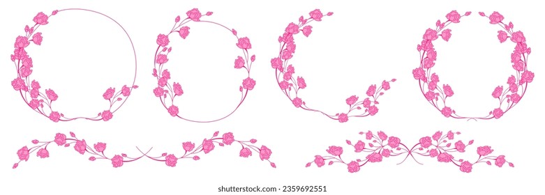 Luxury botanical elements of rose flower frame. Set of round shapes, sparkles, leaves, leaf branches. Elegant foliage design for wedding, cards, invitations, congratulations