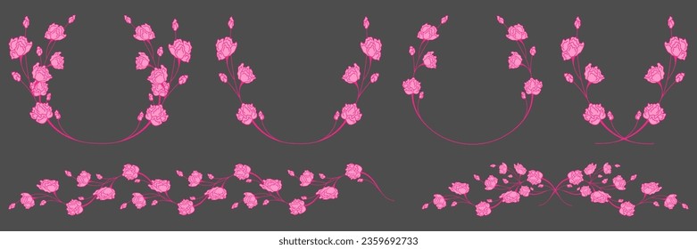 Luxury botanical elements of rose flower frame. Set of round shapes, sparkles, leaves, leaf branches. Elegant foliage design for wedding, cards, invitations, congratulations