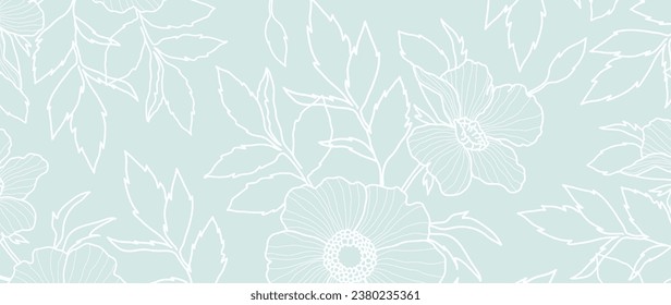 Fondo de vectores florales botánicos de lujo. Arte de flores y hojas en un estilo lineal sobre un fondo azul. Sencillas líneas de flores elegantes para la decoración de paredes, impresión, tarjetas, empaque, tela.	