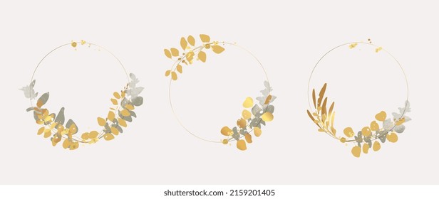Luxury botanical gold wedding frame elements on white background. Set of circle shapes, glitters, eucalyptus leaves, leaf branches. Elegant foliage design for wedding, card, invitation, greeting.