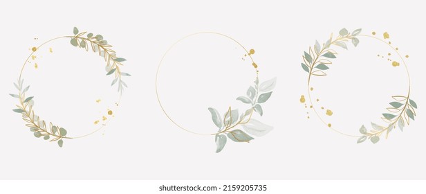 Luxury botanical gold wedding frame elements on white background. Set of circle shapes, glitters, eucalyptus leaves, leaf branches. Elegant foliage design for wedding, card, invitation, greeting.