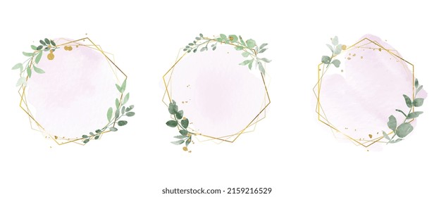 Lujosos elementos de marco de bodas de oro botánico sobre fondo blanco. Conjunto de formas de polígono, planchas, hojas de eucalipto, ramas de hojas. Elegante diseño de follaje para boda, carta, invitación, saludo.