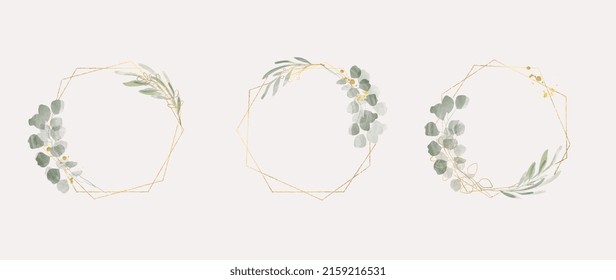 Luxury botanical gold wedding frame elements on white background. Set of polygon shapes, glitters, eucalyptus leaves, leaf branches. Elegant foliage design for wedding, card, invitation, greeting.