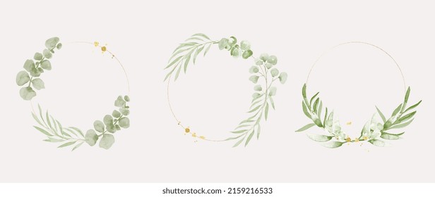 Luxury botanical gold wedding frame elements on white background. Set of circle shapes, glitters, eucalyptus leaves, leaf branches. Elegant foliage design for wedding, card, invitation, greeting.