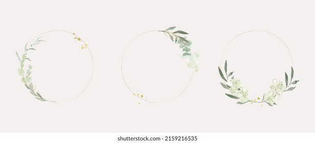 Luxury botanical gold wedding frame elements on white background. Set of circle shapes, glitters, eucalyptus leaves, leaf branches. Elegant foliage design for wedding, card, invitation, greeting.