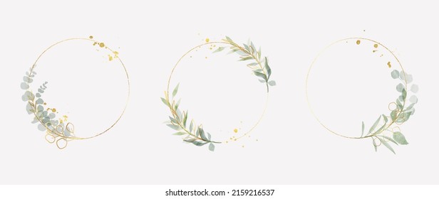 Luxury Botanical Gold Wedding Frame Elements On White Background. Set Of Circle Shapes, Glitters, Eucalyptus Leaves, Leaf Branches. Elegant Foliage Design For Wedding, Card, Invitation, Greeting.