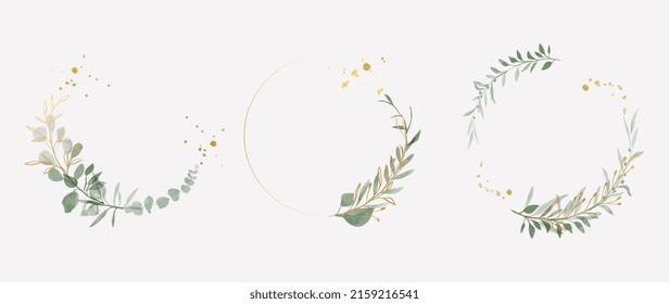 Luxury botanical gold wedding frame elements on white background. Set of circle shapes, glitters, eucalyptus leaves, leaf branches. Elegant foliage design for wedding, card, invitation, greeting.