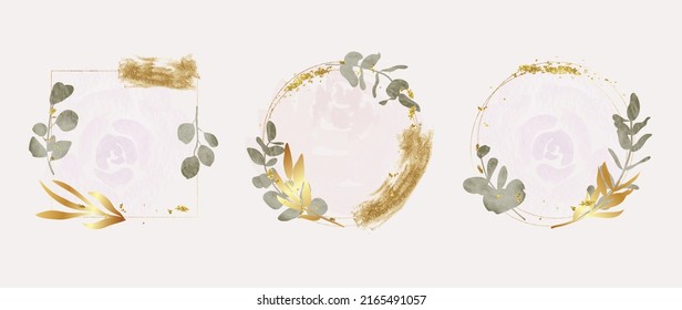 Luxury botanical gold wedding frame elements on white background. Set of geometric shapes, glitters, eucalyptus, leaf branches. Elegant watercolor foliage for wedding, card, invitation, greeting.