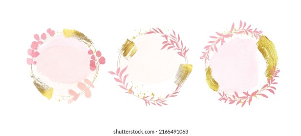 Luxury botanical gold wedding frame elements on white background. Set of geometric shapes, glitters, eucalyptus, leaf branches. Elegant watercolor foliage for wedding, card, invitation, greeting.