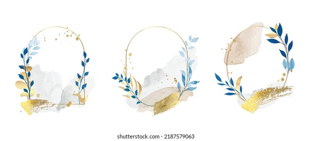 Lujosos elementos de marco de bodas de oro botánico sobre fondo blanco. Conjunto de formas geométricas, planchas, eucaliptos, ramas de hojas. Elegante diseño de follaje para boda, carta, invitación, saludo.