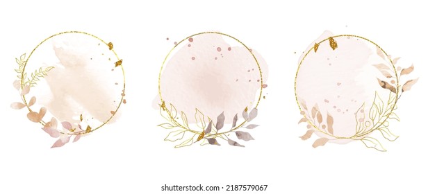 Luxury botanical gold wedding frame elements on white background. Set of circle shapes, glitters, eucalyptus, leaf branches. Elegant foliage design for wedding, card, invitation, greeting.