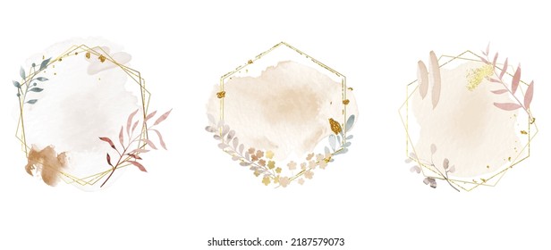 Lujosos elementos de marco de bodas de oro botánico sobre fondo blanco. Conjunto de formas geométricas, planchas, eucalipto, ramas de hojas, flor. Elegante diseño de follaje para boda, carta, invitación, saludo.