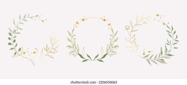 Luxury botanical gold wedding frame elements on white background. Set of circle shapes, glitters, eucalyptus leaves, flowers. Elegant foliage design for wedding, card, invitation, greeting.