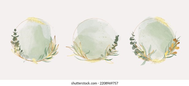 Luxury botanical gold wedding frame elements on white background. Set of circle shapes, glitters, eucalyptus leaves, leaf branches. Elegant foliage design for wedding, card, invitation, greeting.