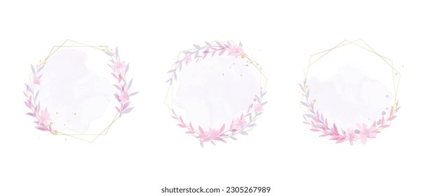 Luxury botanical gold wedding frame elements on white background. Set of polygon, circle, glitters, flower, leaf branches. Elegant foliage design for wedding, card, invitation, greeting.