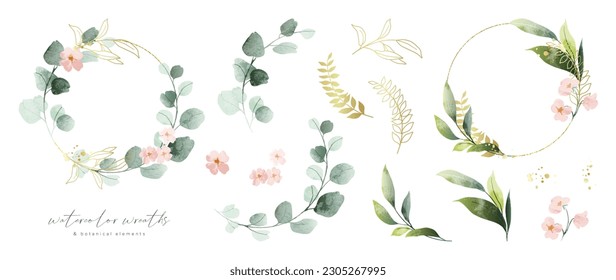 Luxury botanical gold wedding frame elements collection. Set of polygon, circle, glitters, leaf branches, flower, eucalyptus. Elegant foliage design for wedding, card, invitation, greeting.