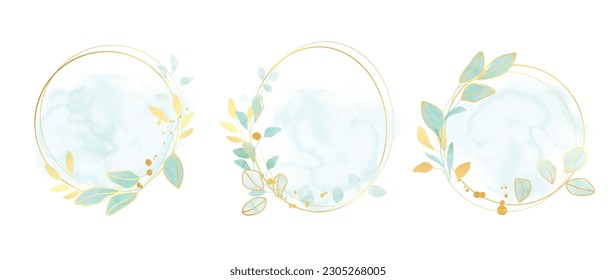 Luxury botanical gold wedding frame elements on white background. Set of polygon, circle, glitters, leaf branches. Elegant foliage design for wedding, card, invitation, greeting.