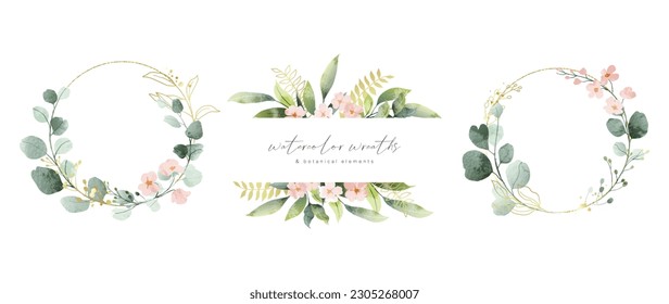 Luxury botanical gold wedding frame elements on white background. Set of polygon, circle, glitters, eucalyptus leaves, leaf branches. Elegant foliage design for wedding, card, invitation, greeting.