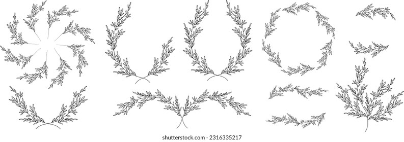 Luxury botanical gold wedding frame elements on white background. Set of circle shapes, glitters, eucalyptus leaves, leaf branches. Elegant foliage design for wedding, card, invitation, greeting