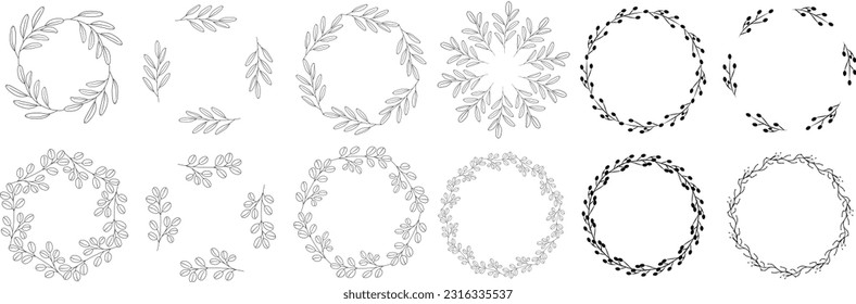 Luxury botanical gold wedding frame elements on white background. Set of circle shapes, glitters, eucalyptus leaves, leaf branches. Elegant foliage design for wedding, card, invitation, greeting