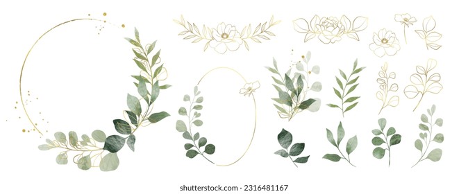 Colección de elementos de marco de bodas de oro botánico de lujo. Conjunto de círculo, brillo, ramas de hojas, flor, eucalipto. Elegante diseño de follaje para boda, carta, invitación, saludo.