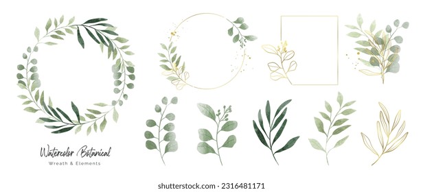 Luxury botanical gold wedding frame elements collection. Set of square, circle, glitters, leaf branches, eucalyptus. Elegant foliage design for wedding, card, invitation, greeting.