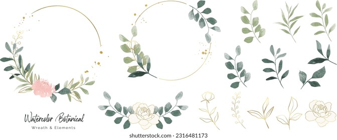 Luxury botanical gold wedding frame elements collection. Set of circle, glitters, leaf branches, rose flower. Elegant foliage design for wedding, card, invitation, greeting.