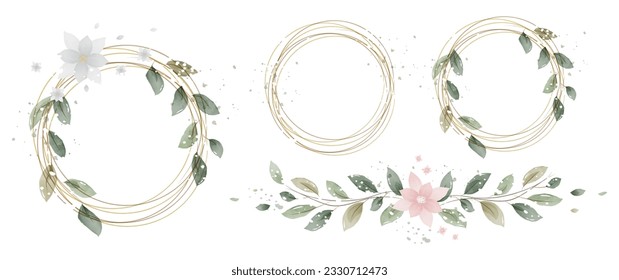 Luxury botanical gold wedding frame elements collection. Set of square, circle, glitters, leaf branches, eucalyptus. Elegant foliage design for wedding, card, invitation, greeting