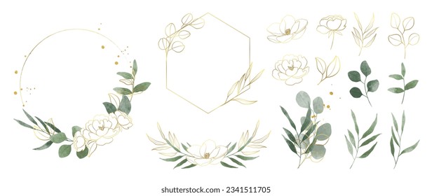 Colección de elementos de marco de bodas de oro botánico de lujo. Conjunto de círculo, brillo, ramas de hojas, flor, eucalipto. Elegante diseño de follaje para boda, carta, invitación, saludo.