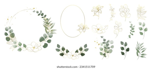 Luxury botanical gold wedding frame elements collection. Set of circle, glitters, leaf branches, flower, eucalyptus. Elegant foliage design for wedding, card, invitation, greeting.