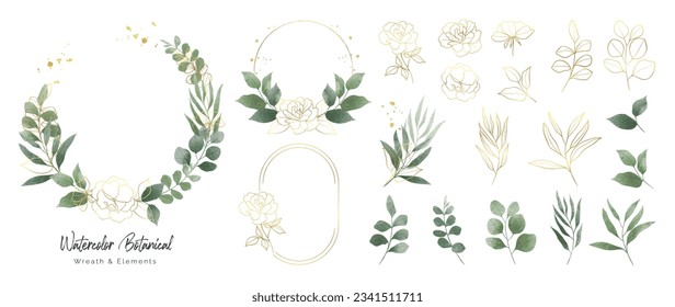 Luxury botanical gold wedding frame elements collection. Set of circle, glitters, leaf branches, flower, eucalyptus. Elegant foliage design for wedding, card, invitation, greeting.