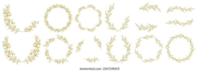 Luxury botanical gold wedding frame elements on white background. Set of circle shapes, glitters, eucalyptus leaves, leaf branches. Elegant foliage design for wedding, card, invitation, greeting