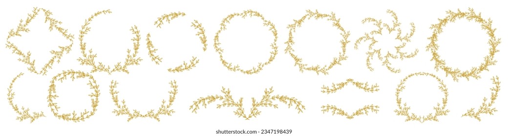 Luxury botanical gold wedding frame elements on white background. Set of circle shapes, glitters, eucalyptus leaves, leaf branches. Elegant foliage design for wedding, card, invitation, greeting