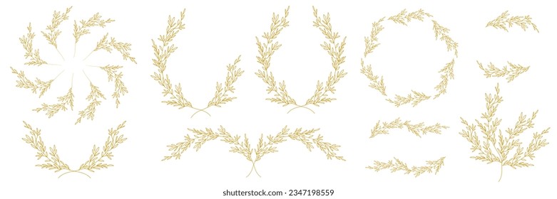 Luxury botanical gold wedding frame elements on white background. Set of circle shapes, glitters, eucalyptus leaves, leaf branches. Elegant foliage design for wedding, card, invitation, greeting