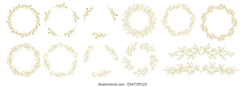 Luxury botanical gold wedding frame elements on white background. Set of circle shapes, glitters, eucalyptus leaves, leaf branches. Elegant foliage design for wedding, card, invitation, greeting