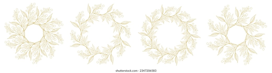Luxury botanical gold wedding frame elements on white background. Set of circle shapes, glitters, eucalyptus leaves, leaf branches. Elegant foliage design for wedding, card, invitation, greeting