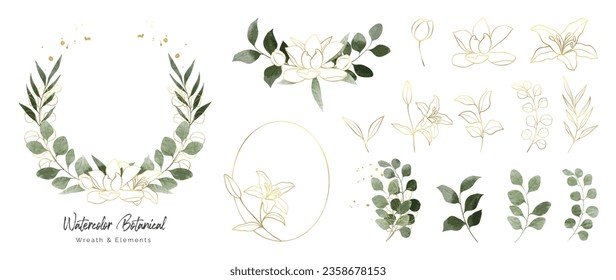 Luxury botanical gold wedding frame elements collection. Set of circle, glitters, leaf branches, lily flower, eucalyptus. Elegant foliage design for wedding, card, invitation, greeting.