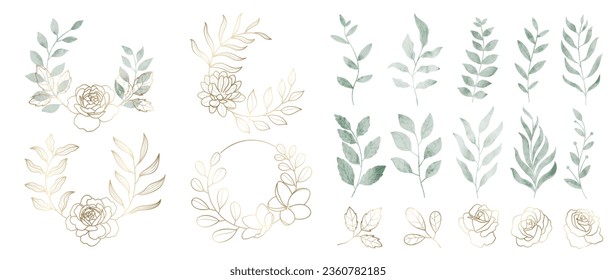 Luxury botanical gold wedding frame elements collection. Set of circle, glitters, leaf branches, rose flower, eucalyptus. Elegant foliage design for wedding, card, invitation, greeting.