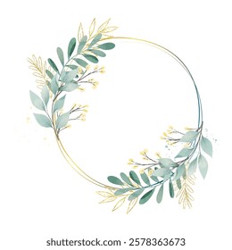 Luxury botanical gold wedding frame on white background. circle shapes, glitters, eucalyptus leaves, leaf branches. Elegant foliage design for wedding, card, invitation, greeting.