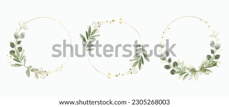 Luxury botanical gold wedding frame elements on white background. Set of polygon, circle, glitters, eucalyptus leaves, leaf branches. Elegant foliage design for wedding, card, invitation, greeting.