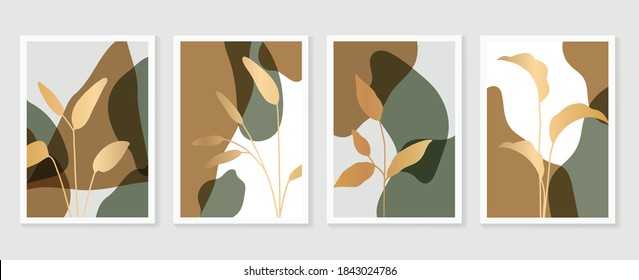 Luxury botanical golden Texture wall art vector set. Marble art design with abstract shape and gold pattern. Design for print, cover, wallpaper, Minimal and  natural wall art. Vector illustration.
