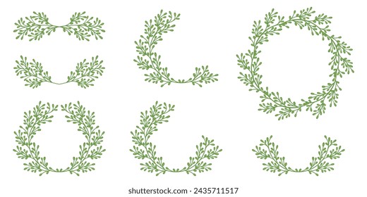 Luxury botanical green frame elements on white background. Set of round shapes, eucalyptus leaves, leaf branches. Elegant foliage design for wedding, cards, invitations, congratulations