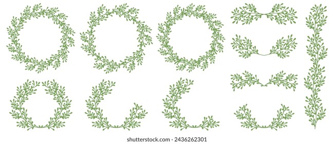 Luxury botanical green frame elements on white background. Set of round shapes, eucalyptus leaves, leaf branches. Elegant foliage design for wedding, cards, invitations, congratulations