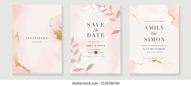 Luxury botanical invitation card template. Foliage watercolor wedding set design with eucalyptus leaves and branches. Elegant with gold line art collection suitable for banner, flyer, greeting.