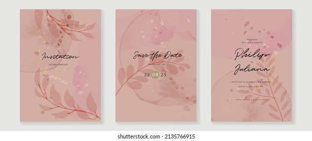 Luxury botanical invitation card template. Foliage red watercolor textured wedding set with eucalyptus leaves, branches. Elegant gold glitter collection suitable for banner, flyer, greeting, decor.