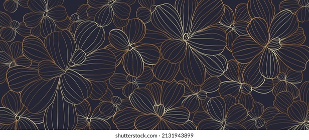 Luxury botanical and leaf on dark purple background. Golden line art with flowers and leaves wallpaper. Elegant nature design for banner, decoration, wall art, invitation, wedding and fabric.